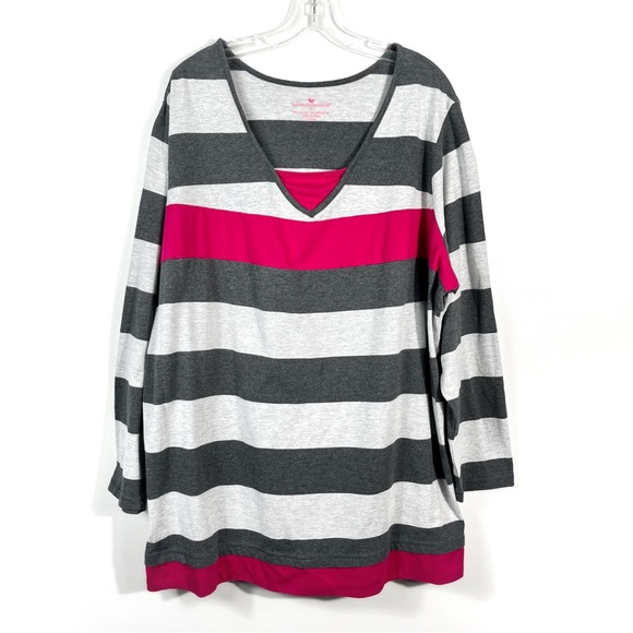Woman Within Gray & Pink Striped Layered Look Long Sleeve Top Plus Size 2X - Picture 1 of 4